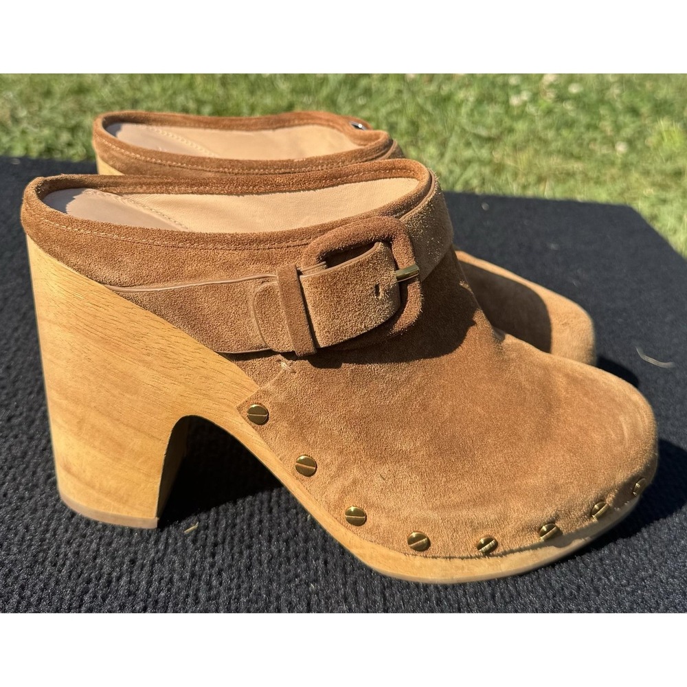 Veronica Beard Dacey Suede Wooden Clog Mule Camel Brown Studded Buckle Heel 8.5M - Picture 8 of 13
